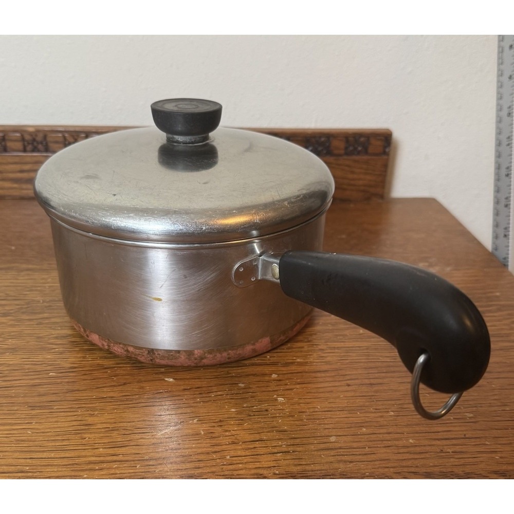 Vtg 1801 Revere Ware 2 Qt Copper Bottom Stainless Saucepan w/Lid USA